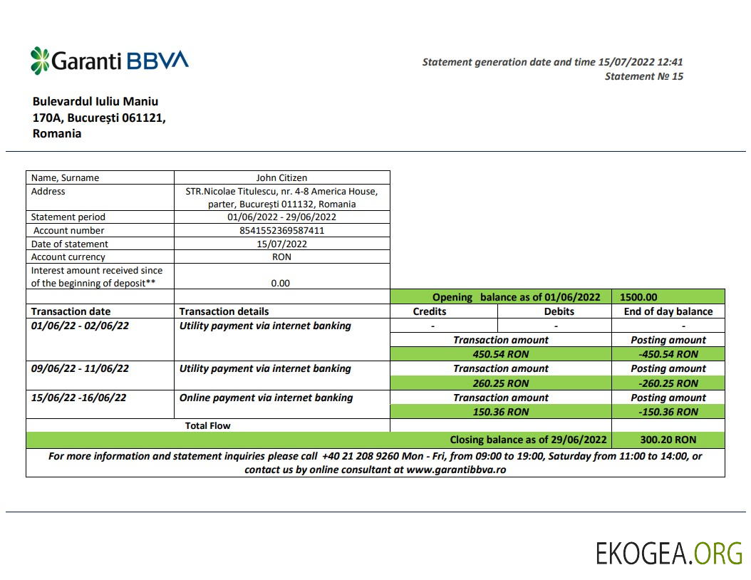 Relevé bancaire Roumanie Garanti BBVA